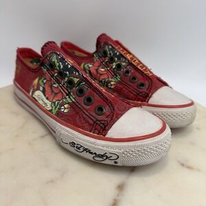 Ed Hardy Y2K Slip On Sneakers Red Rose Tattoo Canvas Womens 5 Punk